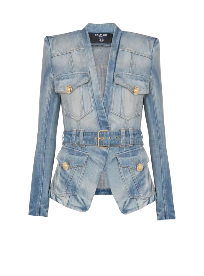 1-knapps denimjacka med bälte 1-knapps denimjacka med bälte