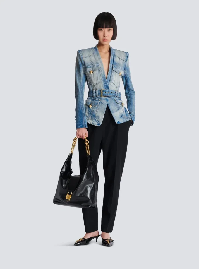 1-knapps denimjacka med bälte 1-knapps denimjacka med bälte