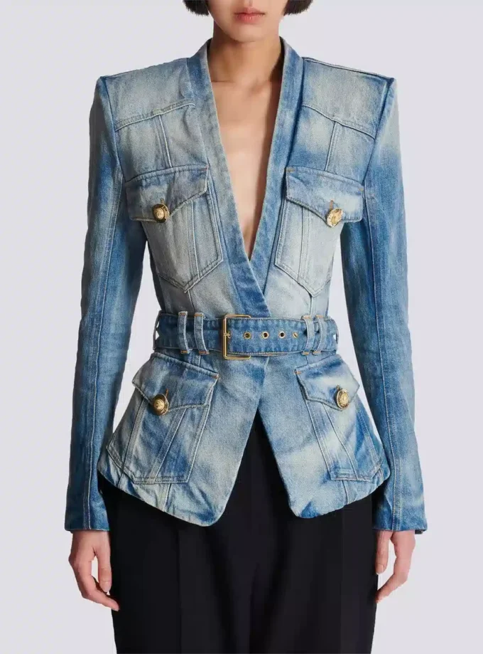 1-knapps denimjacka med bälte 1-knapps denimjacka med bälte