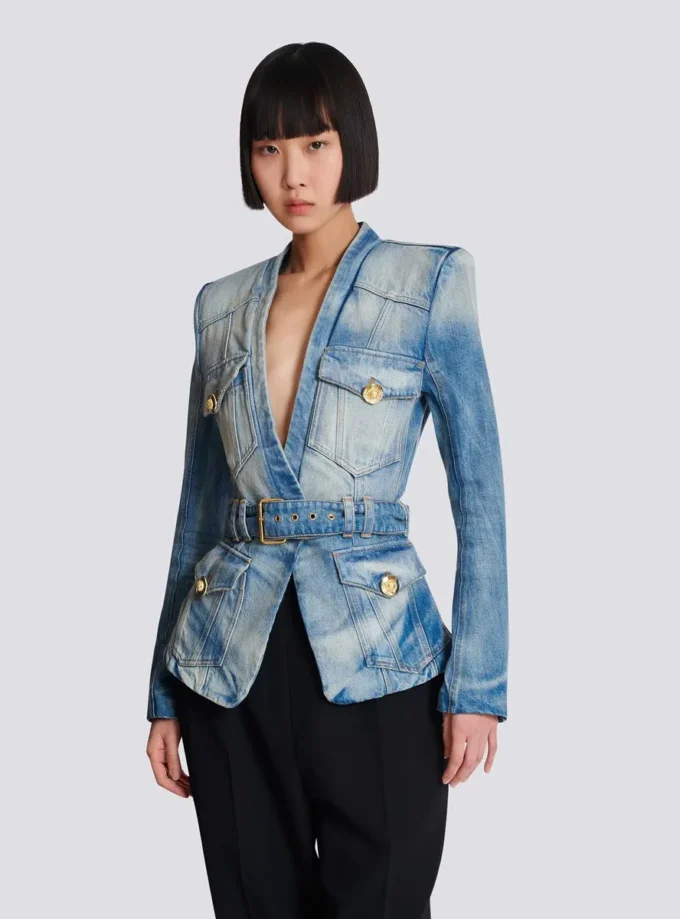 1-knapps denimjacka med bälte 1-knapps denimjacka med bälte