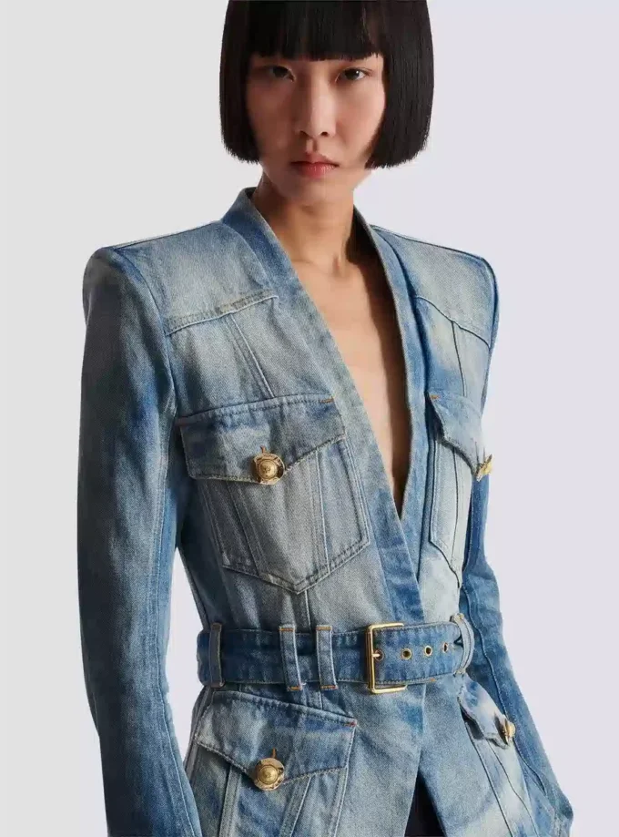 1-knapps denimjacka med bälte 1-knapps denimjacka med bälte