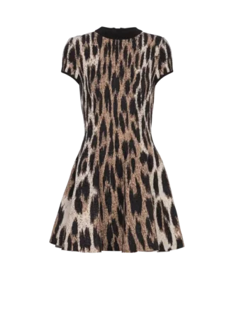 A-linjeformad jacquardklänning med leopardmönster