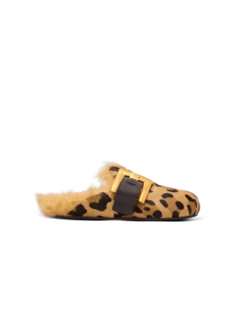 Anthem mules i ponnyläder med leopardmönster och fuskpäls