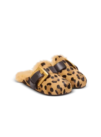 Anthem mules i ponnyläder med leopardmönster och fuskpäls