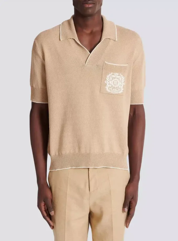 Balmain Écusson broderad stickad polotröja Balmain Écusson broderad stickad polotröja