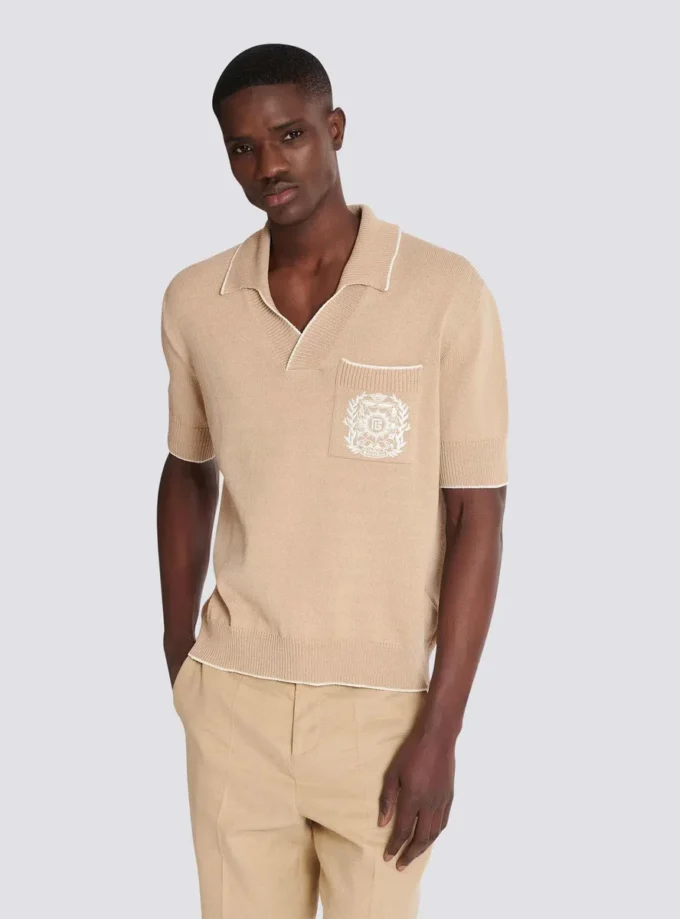 Balmain Écusson broderad stickad polotröja Balmain Écusson broderad stickad polotröja