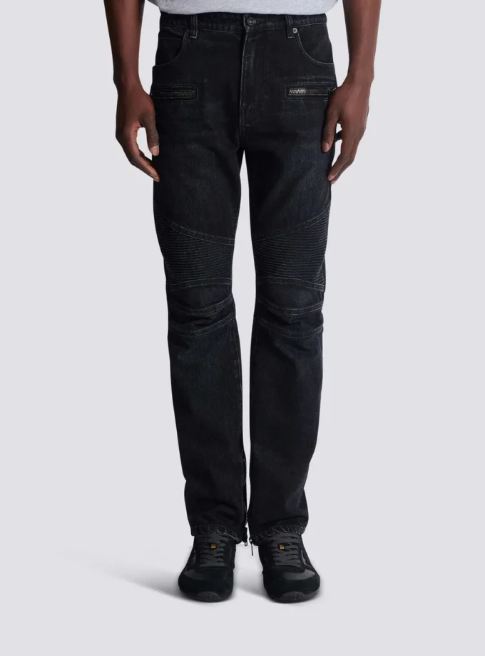 Bikerjeans i svart vintage-denim