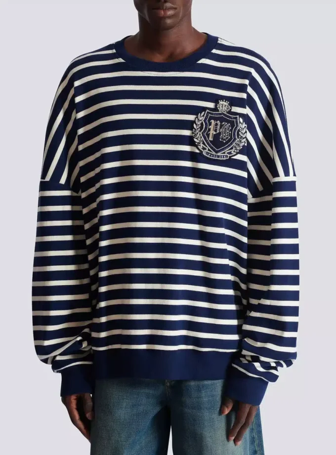 Bomullströja med collegeemblem och bretonska ränder