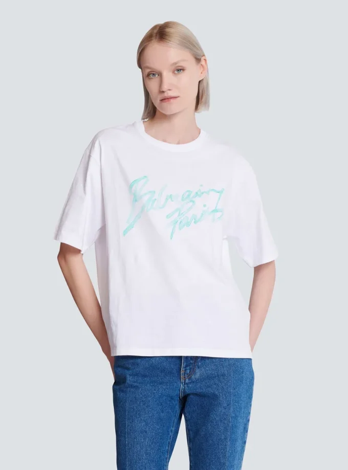 Boxig T-shirt med Balmain Paris Brush-tryck Boxig T-shirt med Balmain Paris Brush-tryck
