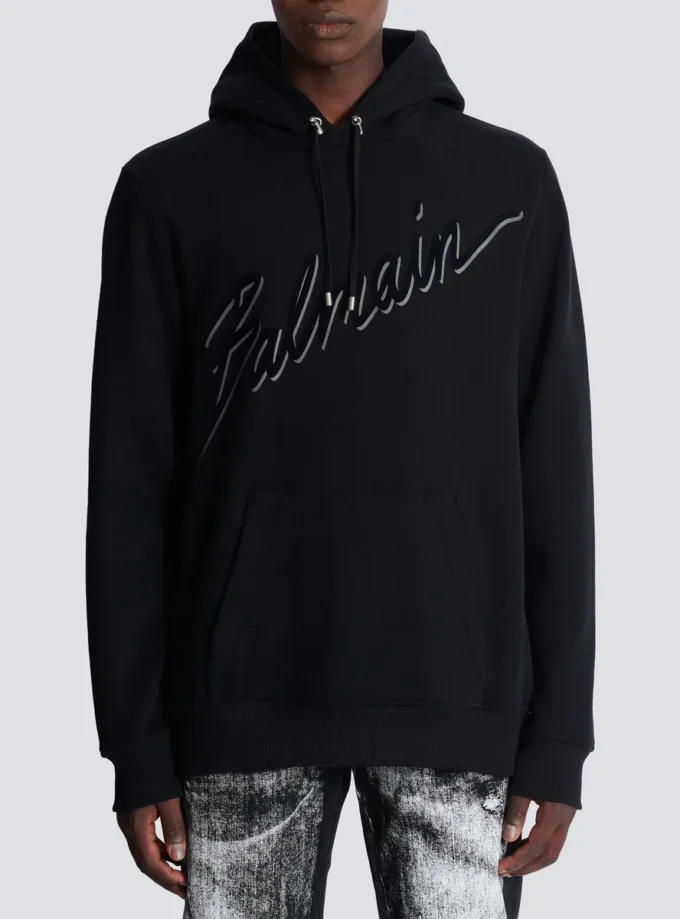 Huvtröja med flockade Balmain-bokstäver Huvtröja med flockade Balmain-bokstäver