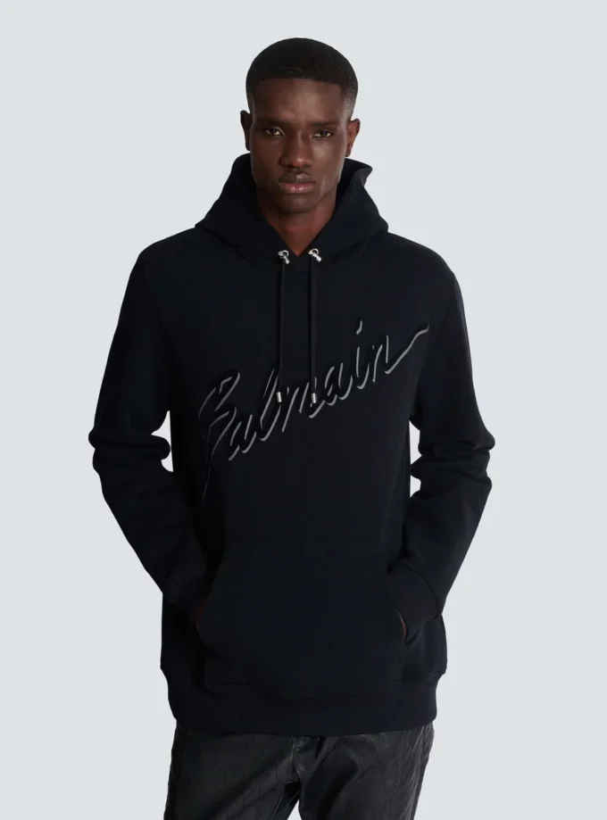 Huvtröja med flockade Balmain-bokstäver Huvtröja med flockade Balmain-bokstäver