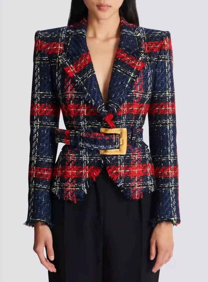 Kavaj i rutig tweed med bälte Kavaj i rutig tweed med bälte