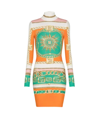 Kort, figurnära klänning med tryck och Balmain Foulard-mönster