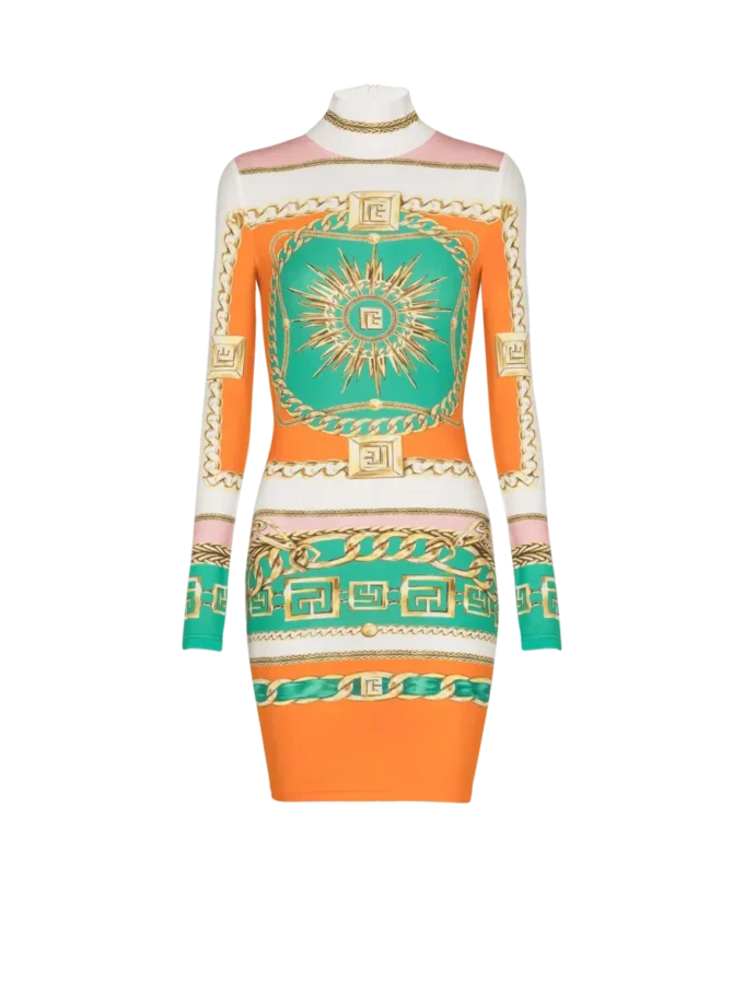 Kort, figurnära klänning med tryck och Balmain Foulard-mönster Kort, figurnära klänning med tryck och Balmain Foulard-mönster