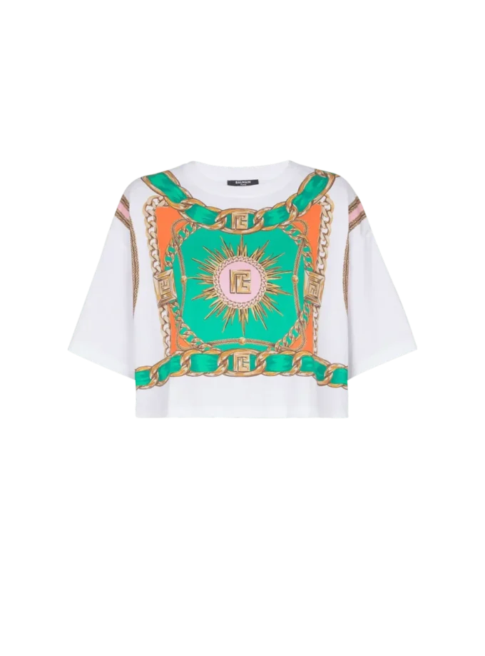 Kort T-shirt med Balmain Foulard-tryck Kort T-shirt med Balmain Foulard-tryck