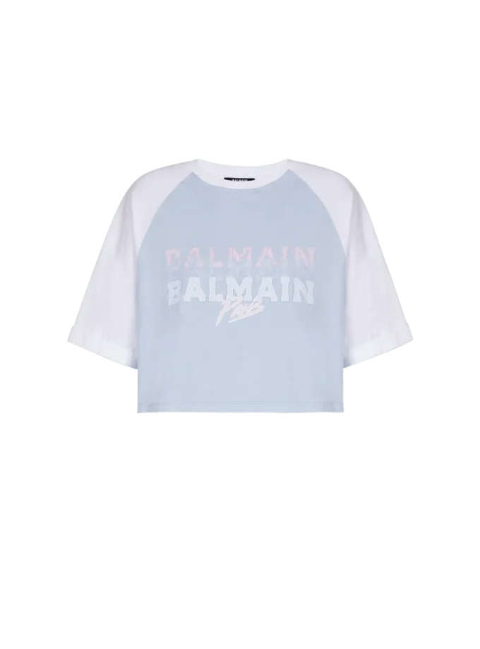 Kort T-shirt med Balmain Paris-tryck