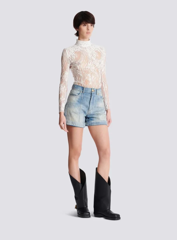 Korta diamantmönstrade jeansshorts