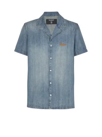 Kortärmad pyjamas skjorta i blekt denim