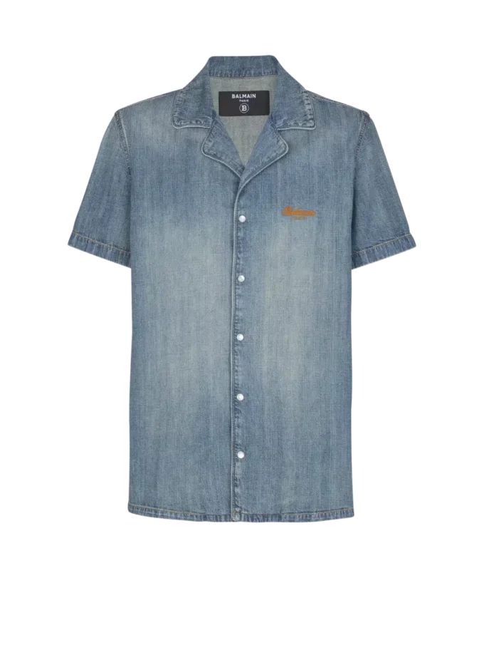 Kortärmad pyjamas skjorta i blekt denim