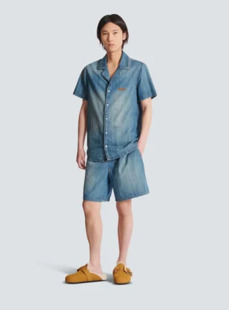 Kortärmad pyjamas skjorta i blekt denim