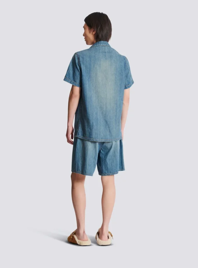 Kortärmad pyjamas skjorta i blekt denim