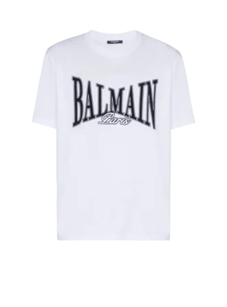 Kortärmad T-shirt med flockat Balmain College-tryck