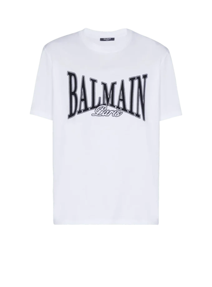 Kortärmad T-shirt med flockat Balmain College-tryck