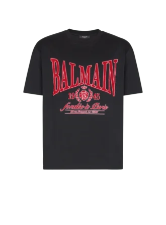 Kortärmad T-shirt med flockat Balmain College-tryck