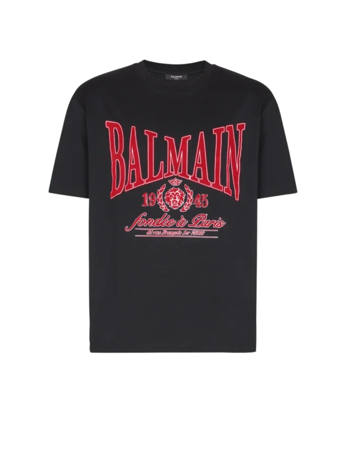 Kortärmad T-shirt med flockat Balmain College-tryck Kortärmad T-shirt med flockat Balmain College-tryck