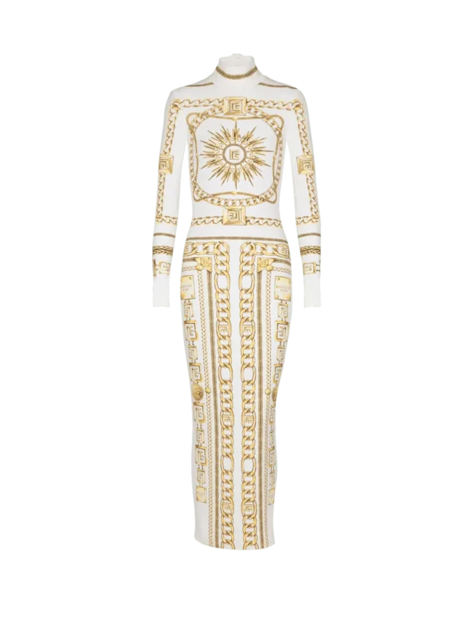 Lång, mönstrad bodycon-klänning med Balmain Foulard-mönster Lång, mönstrad bodycon-klänning med Balmain Foulard-mönster