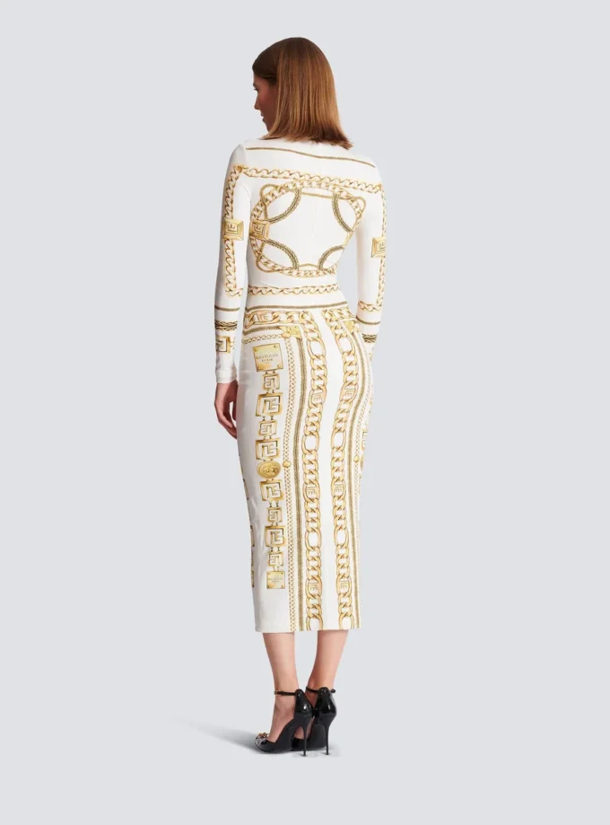 Lång, mönstrad bodycon-klänning med Balmain Foulard-mönster Lång, mönstrad bodycon-klänning med Balmain Foulard-mönster