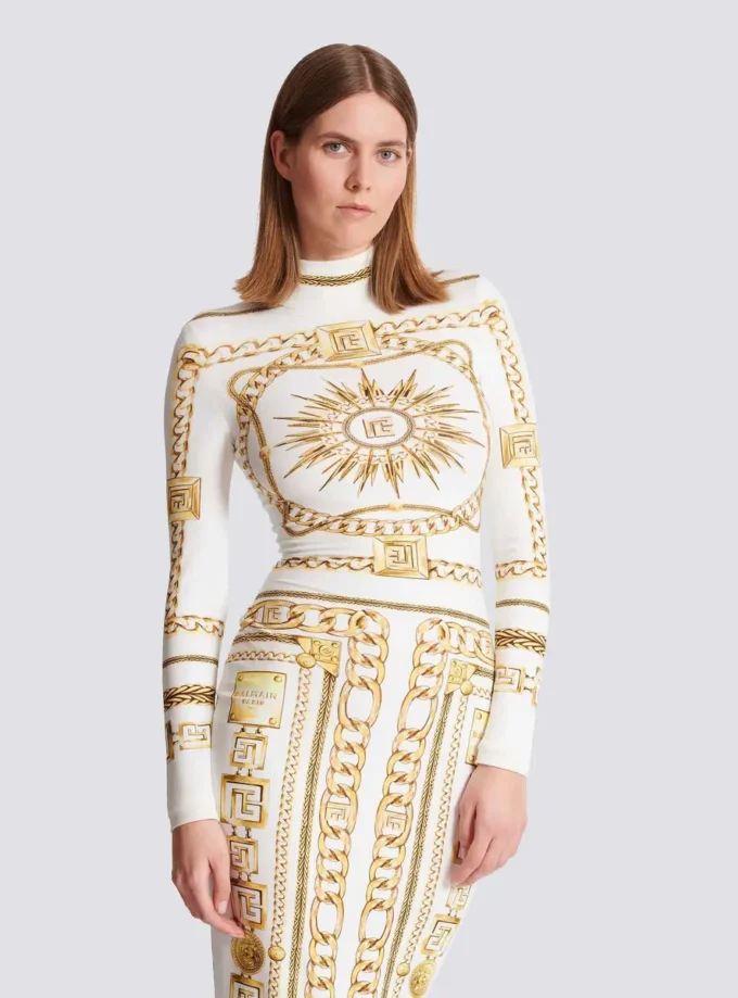 Lång, mönstrad bodycon-klänning med Balmain Foulard-mönster Lång, mönstrad bodycon-klänning med Balmain Foulard-mönster