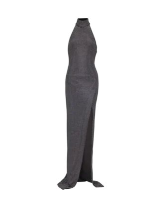 Lång sammetsklänning med halterneck och strass