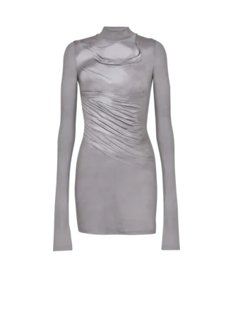 Långärmad T-shirt med hög hals, draperad trompe-l’œil-tryck