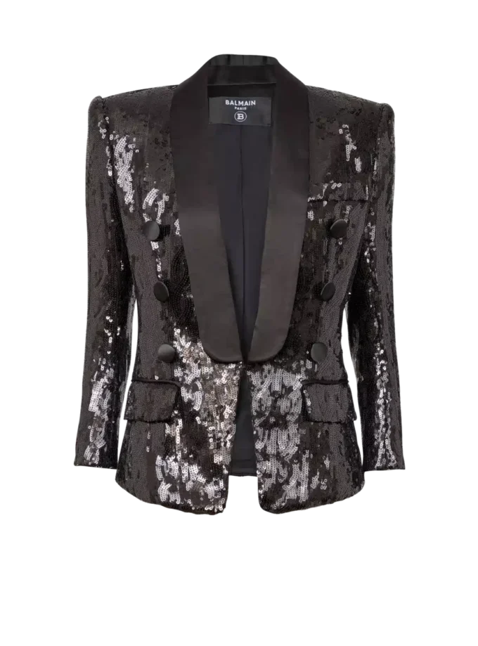 Skräddarsydd jacka i glitter-satin med V-ringning Skräddarsydd jacka i glitter-satin med V-ringning