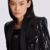 Skräddarsydd jacka i glitter-satin med V-ringning Skräddarsydd jacka i glitter-satin med V-ringning