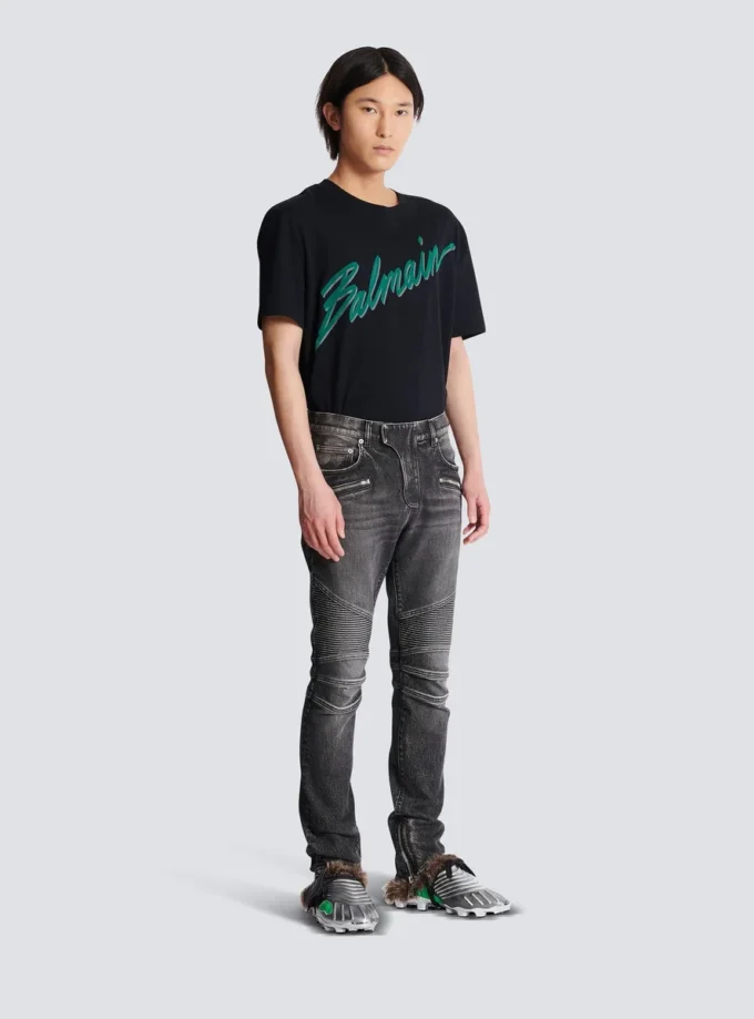 Slim fit-bikerbyxor i denim