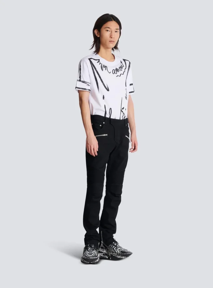 Slim fit-bikerjeans i svart denim