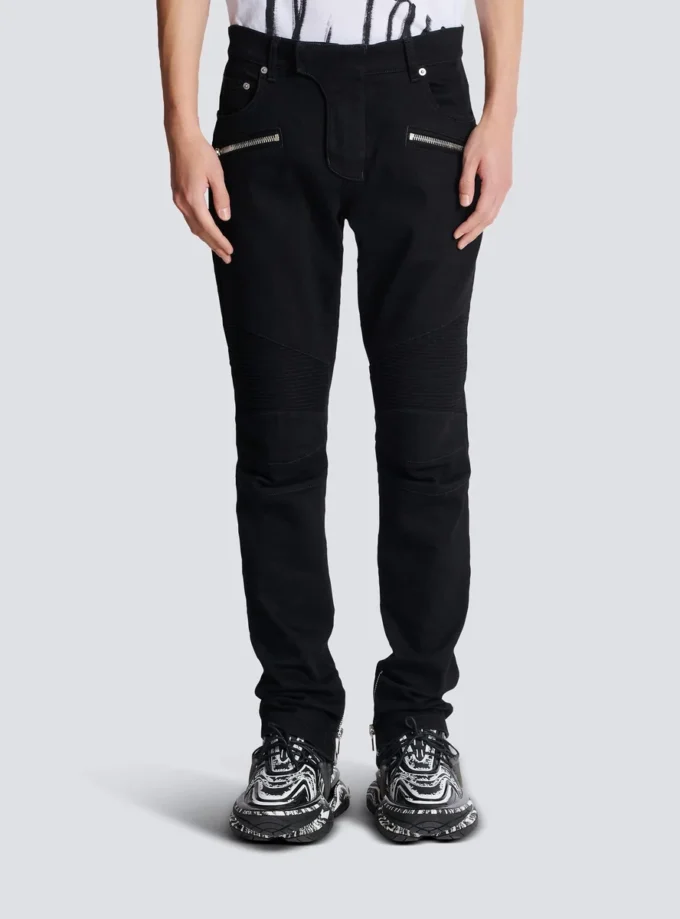 Slim fit-bikerjeans i svart denim