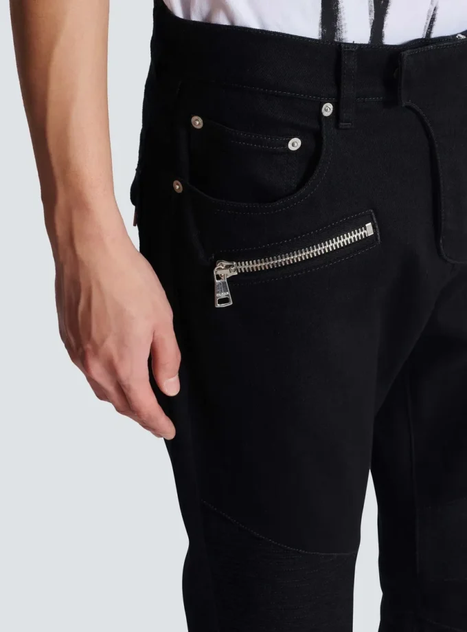 Slim fit-bikerjeans i svart denim