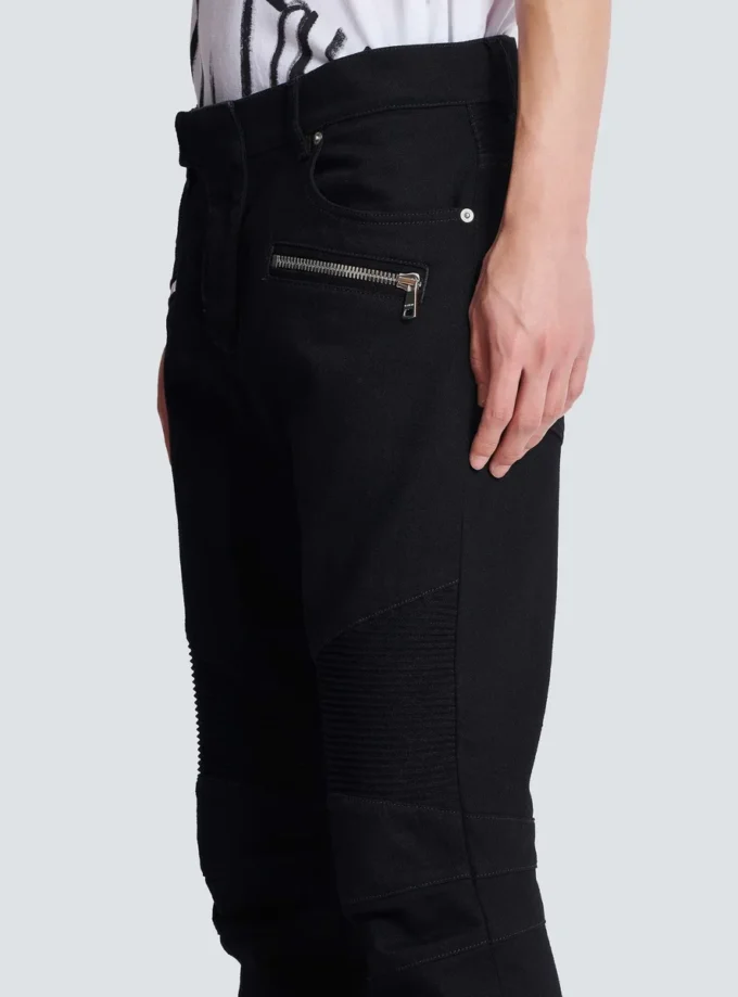 Slim fit-bikerjeans i svart denim