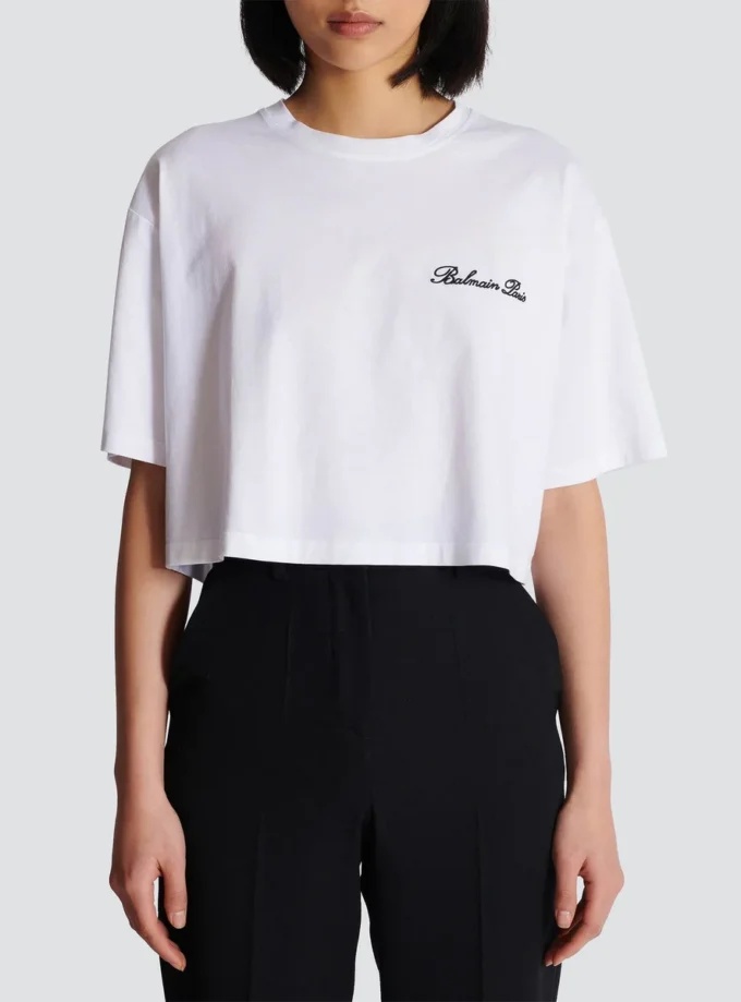 T-shirt med Balmain Signature-broderi T-shirt med Balmain Signature-broderi