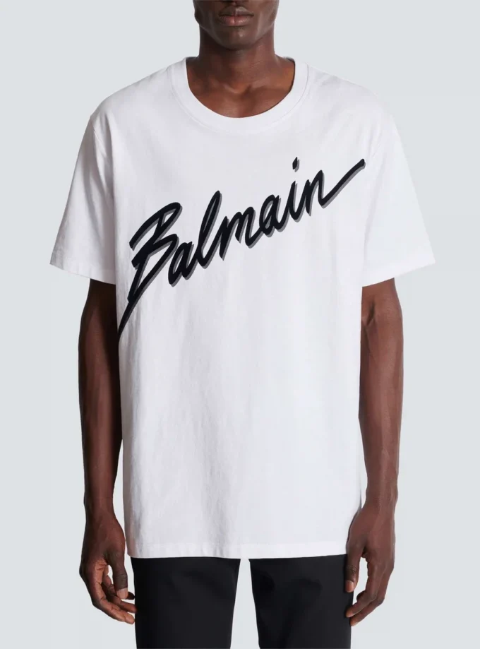 T-shirt med flockat Balmain Letter-logo T-shirt med flockat Balmain Letter-logo