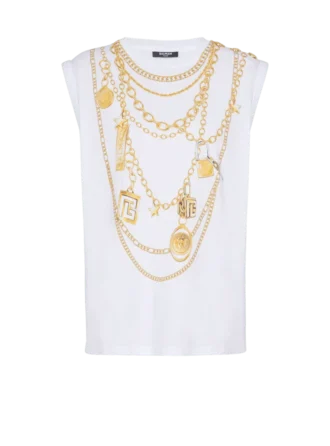 Trompe-l’œil-inspirerad väst med Collier-tryck