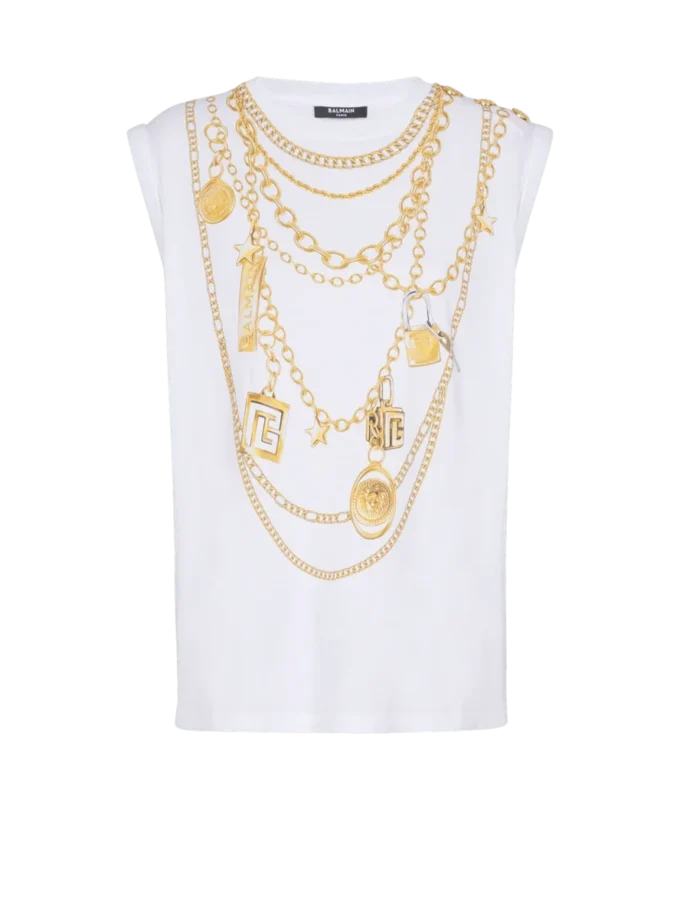 Trompe-l’œil-inspirerad väst med Collier-tryck