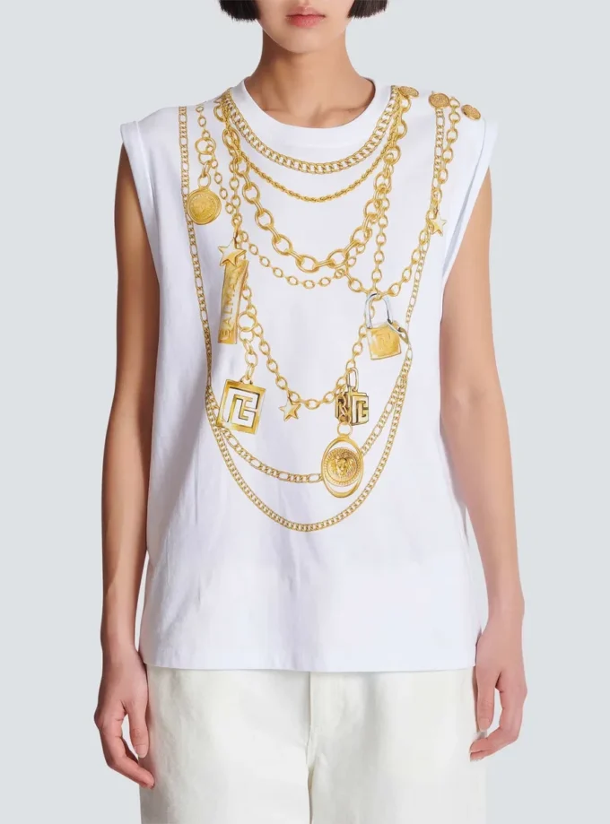 Trompe-l’œil-inspirerad väst med Collier-tryck