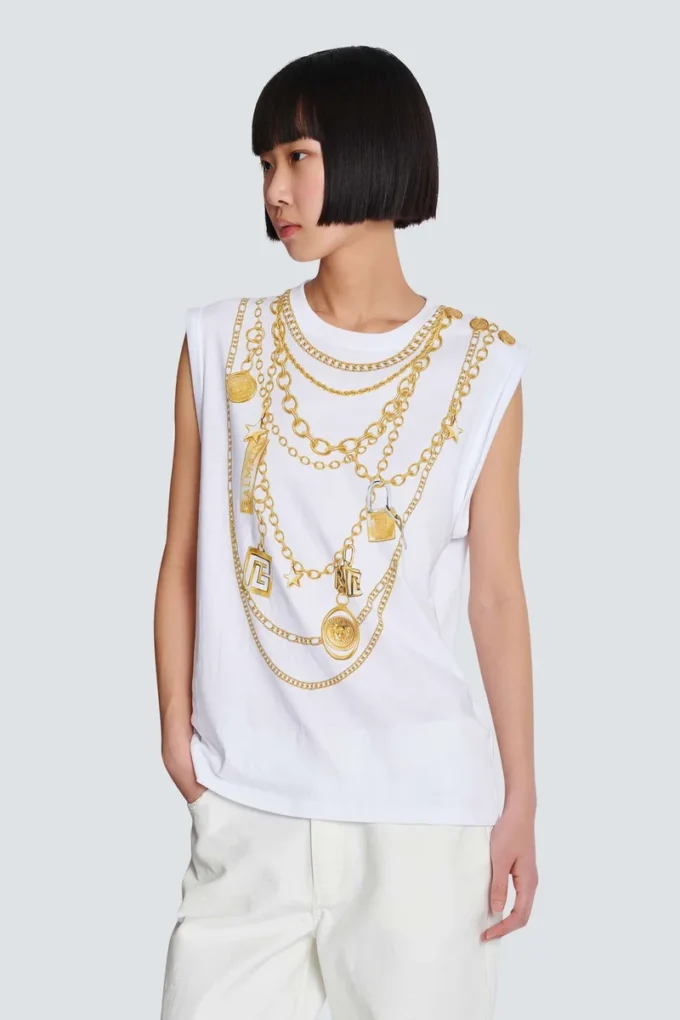 Trompe-l’œil-inspirerad väst med Collier-tryck