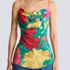 Tryckt crepe de Chine-top med tunna axelband