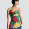 Tryckt crepe de Chine-top med tunna axelband