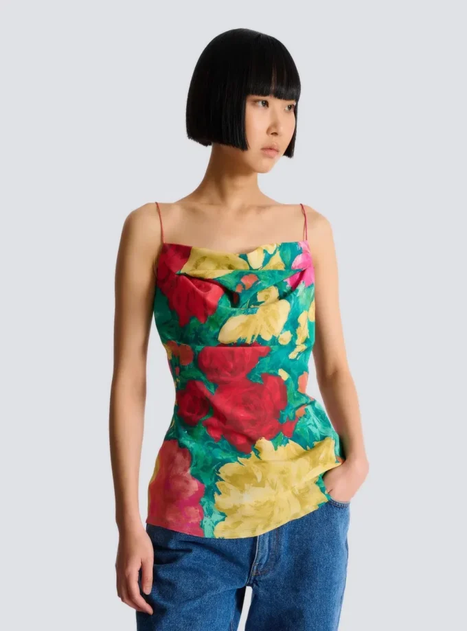 Tryckt crepe de Chine-top med tunna axelband
